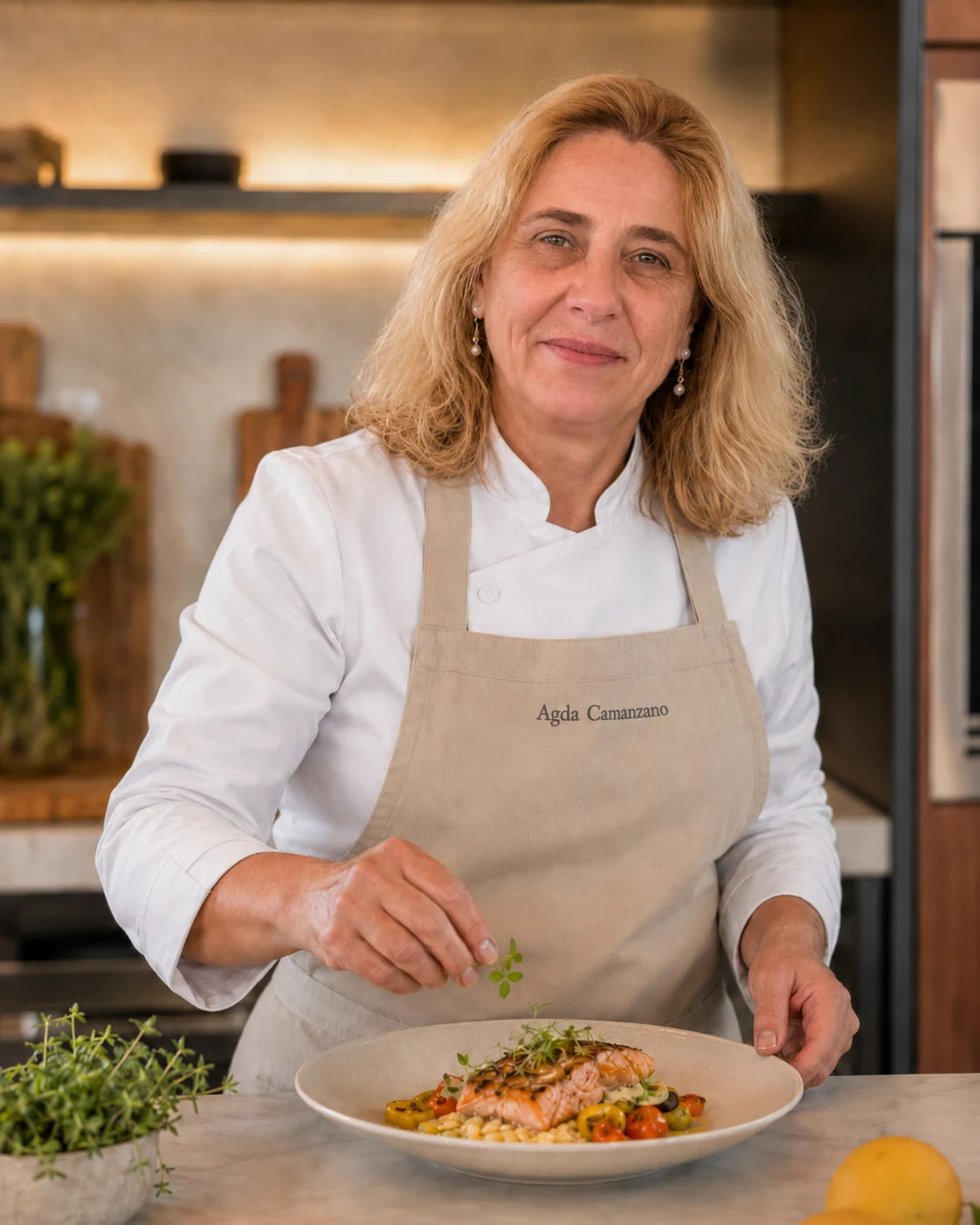 Agda Camanzano finalizando um prato na cozinha