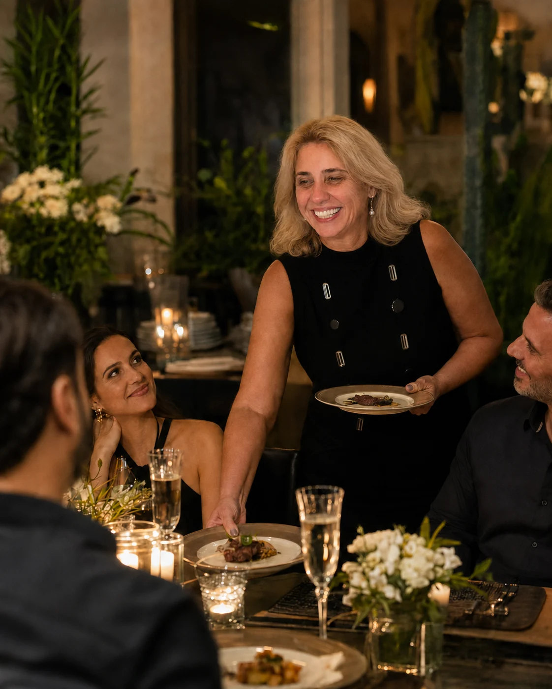 Agda servindo um prato individual aos convidados durante um jantar