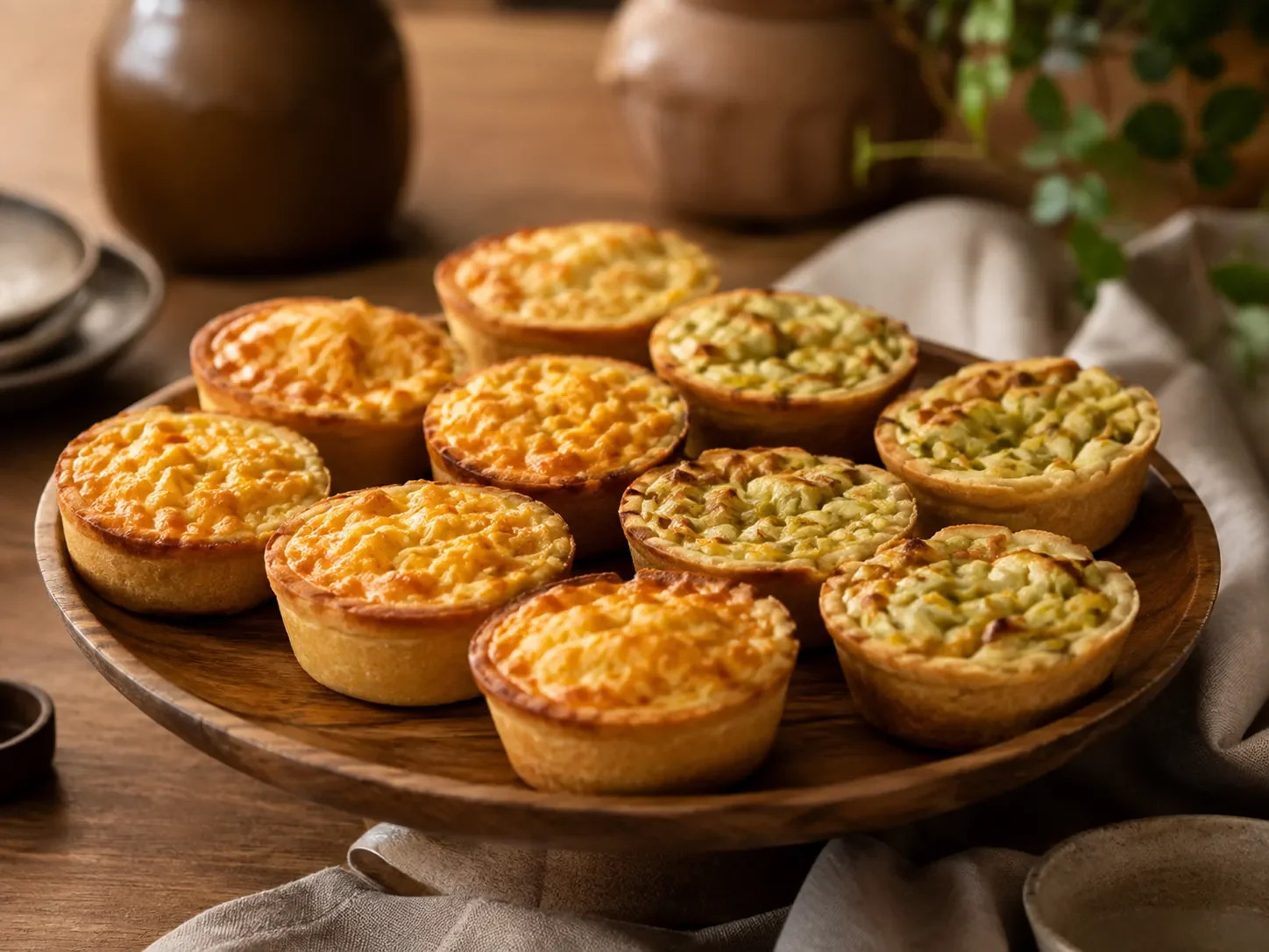 Tortinhas salgadas artesanais do Raízes & Receitas em uma travessa de madeira