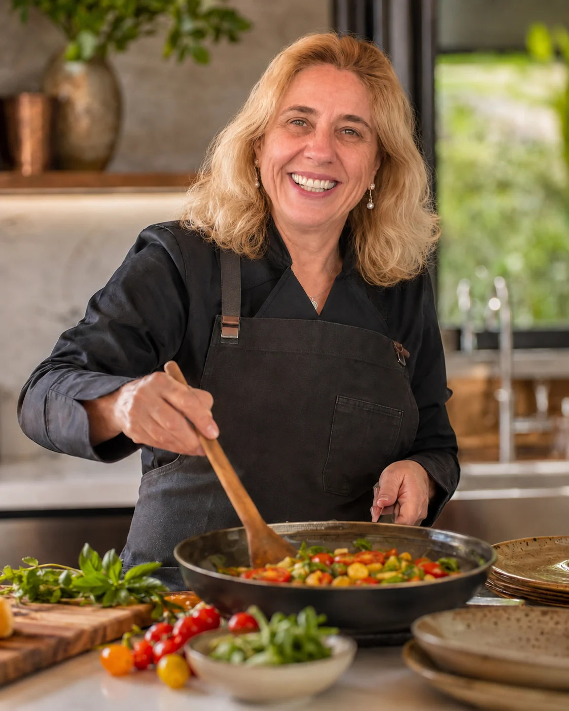 Agda cozinhando um prato colorido com vegetais e ervas frescas